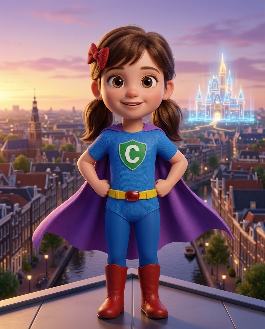 Charli, een meisje in een blauw superheldenpak met groen schild en paarse cape, voor een Nederlandse stad met een gloeiend kasteel.